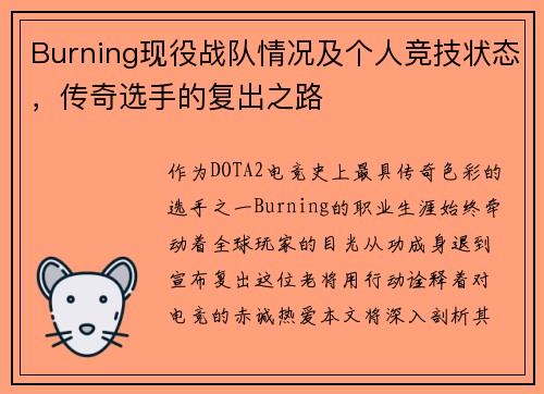 Burning现役战队情况及个人竞技状态，传奇选手的复出之路