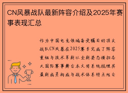 CN风暴战队最新阵容介绍及2025年赛事表现汇总