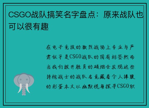 CSGO战队搞笑名字盘点：原来战队也可以很有趣