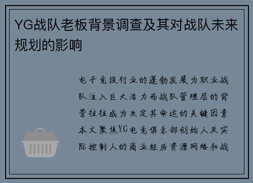 YG战队老板背景调查及其对战队未来规划的影响
