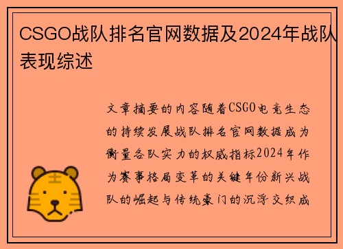 CSGO战队排名官网数据及2024年战队表现综述